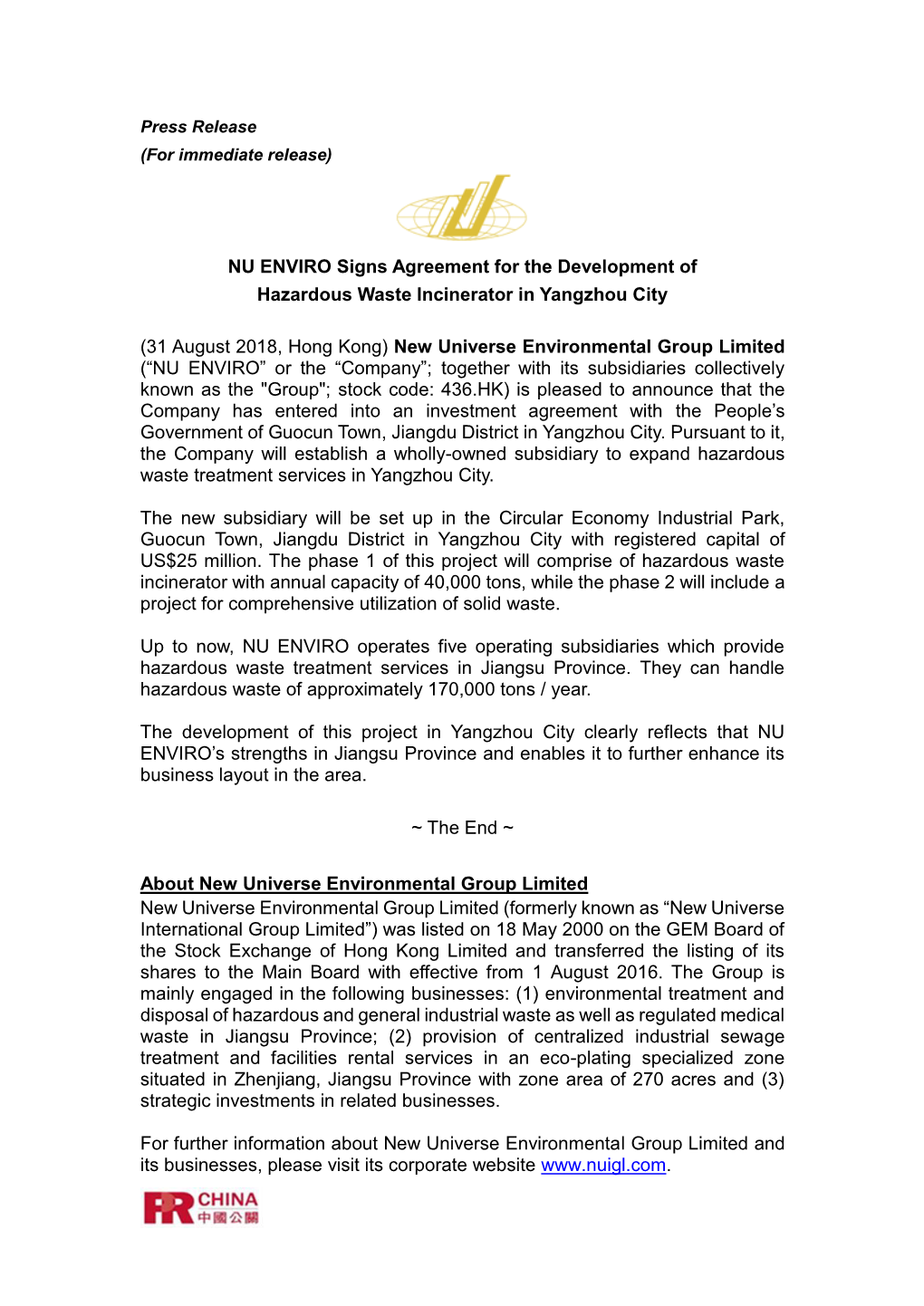 NU ENVIRO Signs Agreement for the Development of Hazardous Waste Incinerator in Yangzhou City