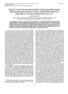 Rhodopseudomonas Viridis and Rhodopseudomonas Sulfoviridis to the Genus Blastochloris Gen