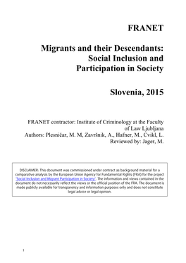 FRANET Migrants and Their Descendants: Social Inclusion And