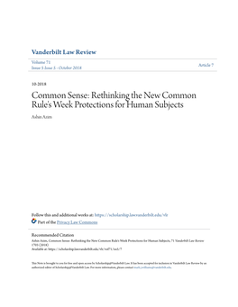 Common Sense: Rethinking the New Common Rule's Week Protections for Human Subjects Ashin Azim
