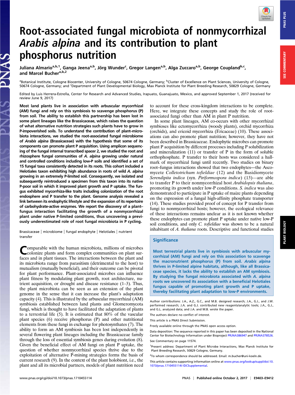 Root-Associated Fungal Microbiota of Nonmycorrhizal Arabis Alpina and Its Contribution to Plant Phosphorus Nutrition