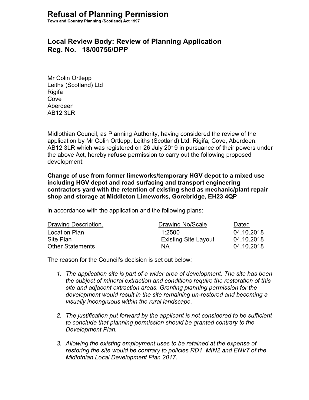 Refusal of Planning Permission Town and Country Planning (Scotland) Act 1997