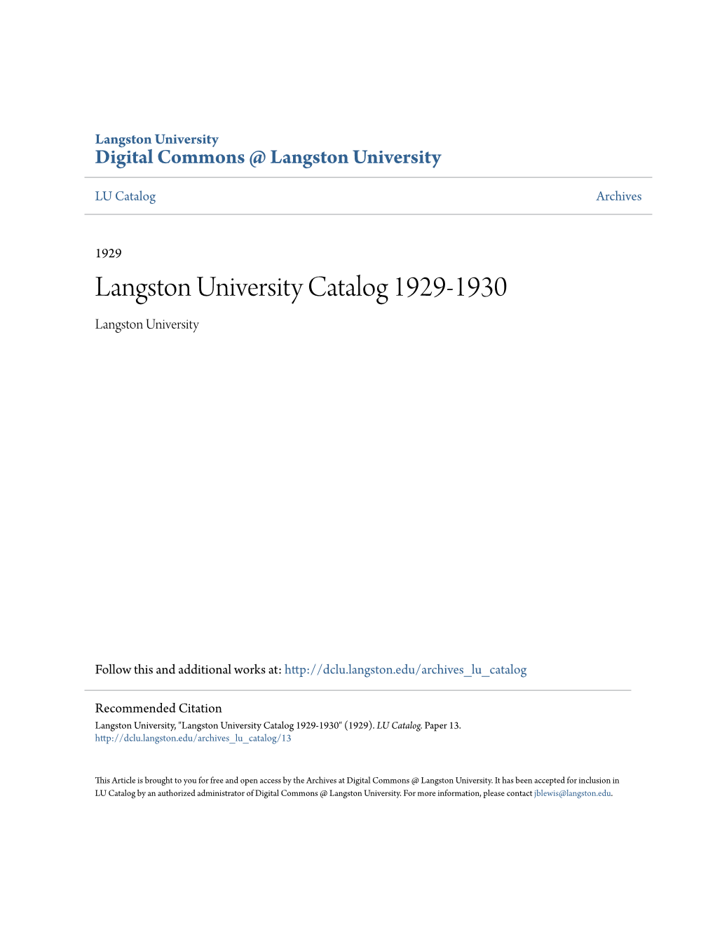 Langston University Catalog 1929-1930 Langston University