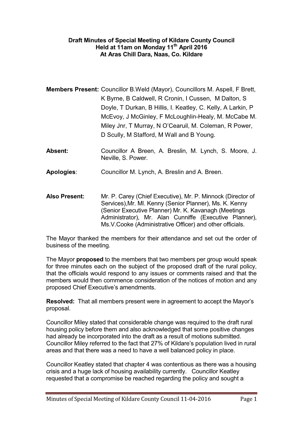 Minutes of Special Meeting of Kildare County Council 110416