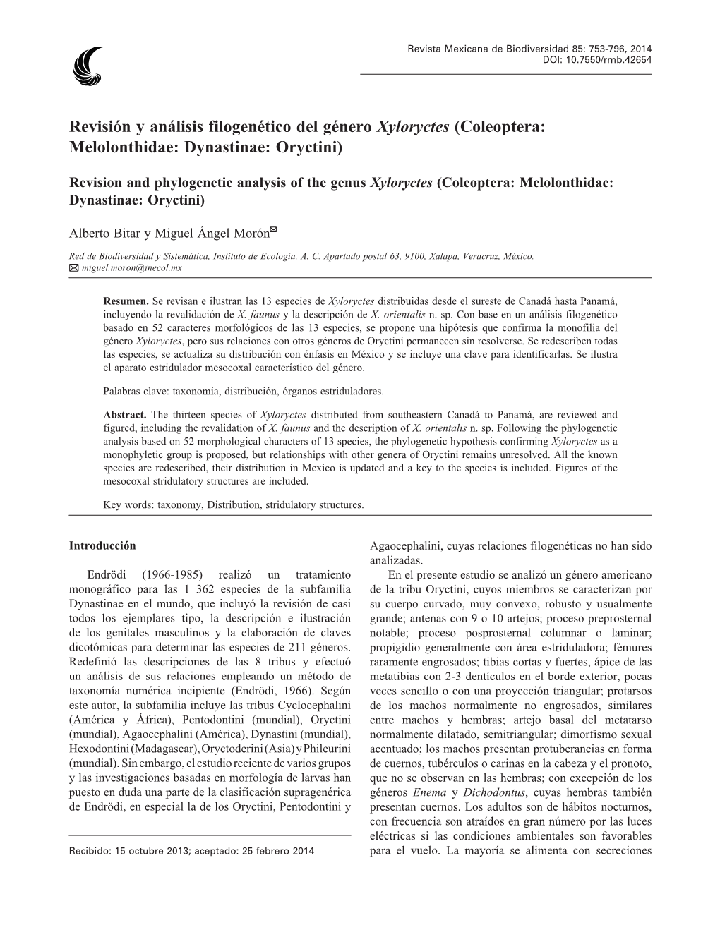 Revisión Y Análisis Filogenético Del Género Xyloryctes (Coleoptera: Melolonthidae: Dynastinae: Oryctini)