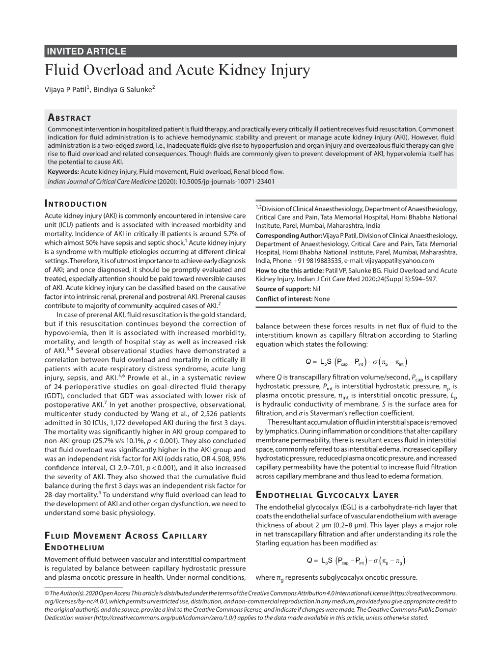 Fluid Overload and Acute Kidney Injury Vijaya P Patil1, Bindiya G Salunke2