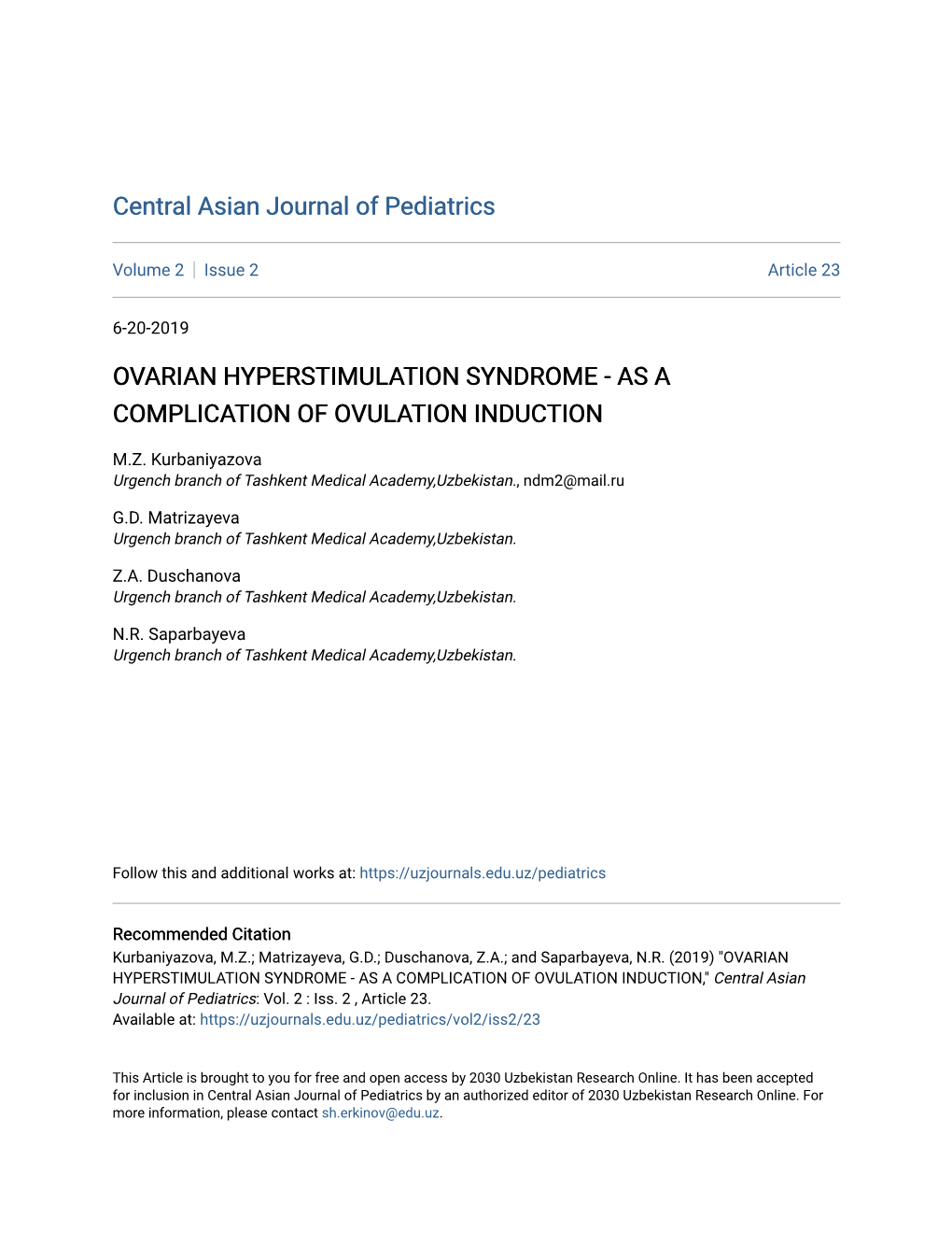 Ovarian Hyperstimulation Syndrome - As a Complication of Ovulation Induction