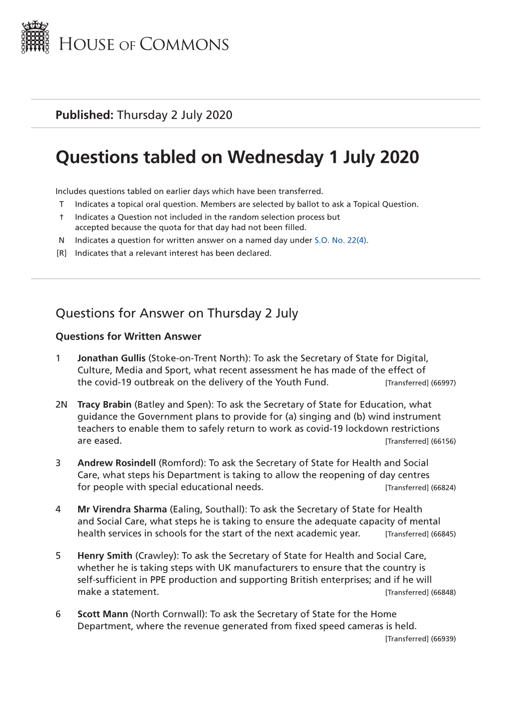 Questions Tabled on Wed 1 Jul 2020