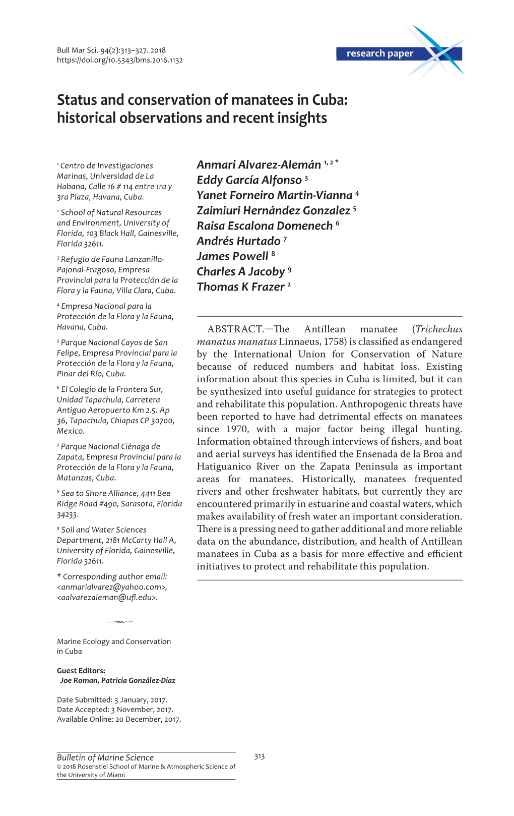 Status and Conservation of Manatees in Cuba: Historical Observations and Recent Insights