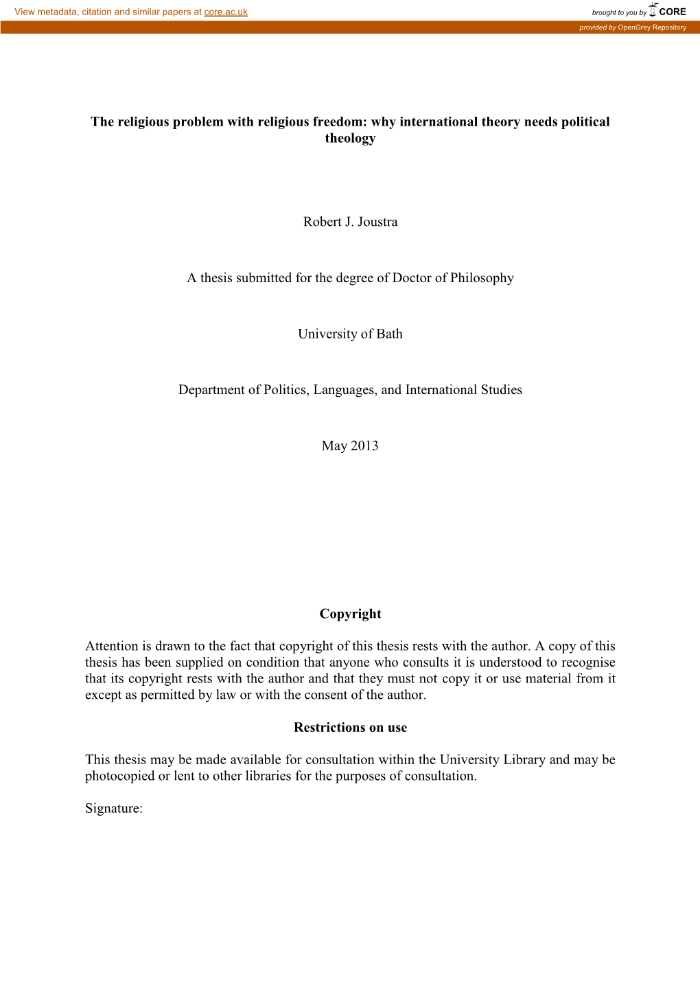 The Religious Problem with Religious Freedom: Why International Theory Needs Political Theology