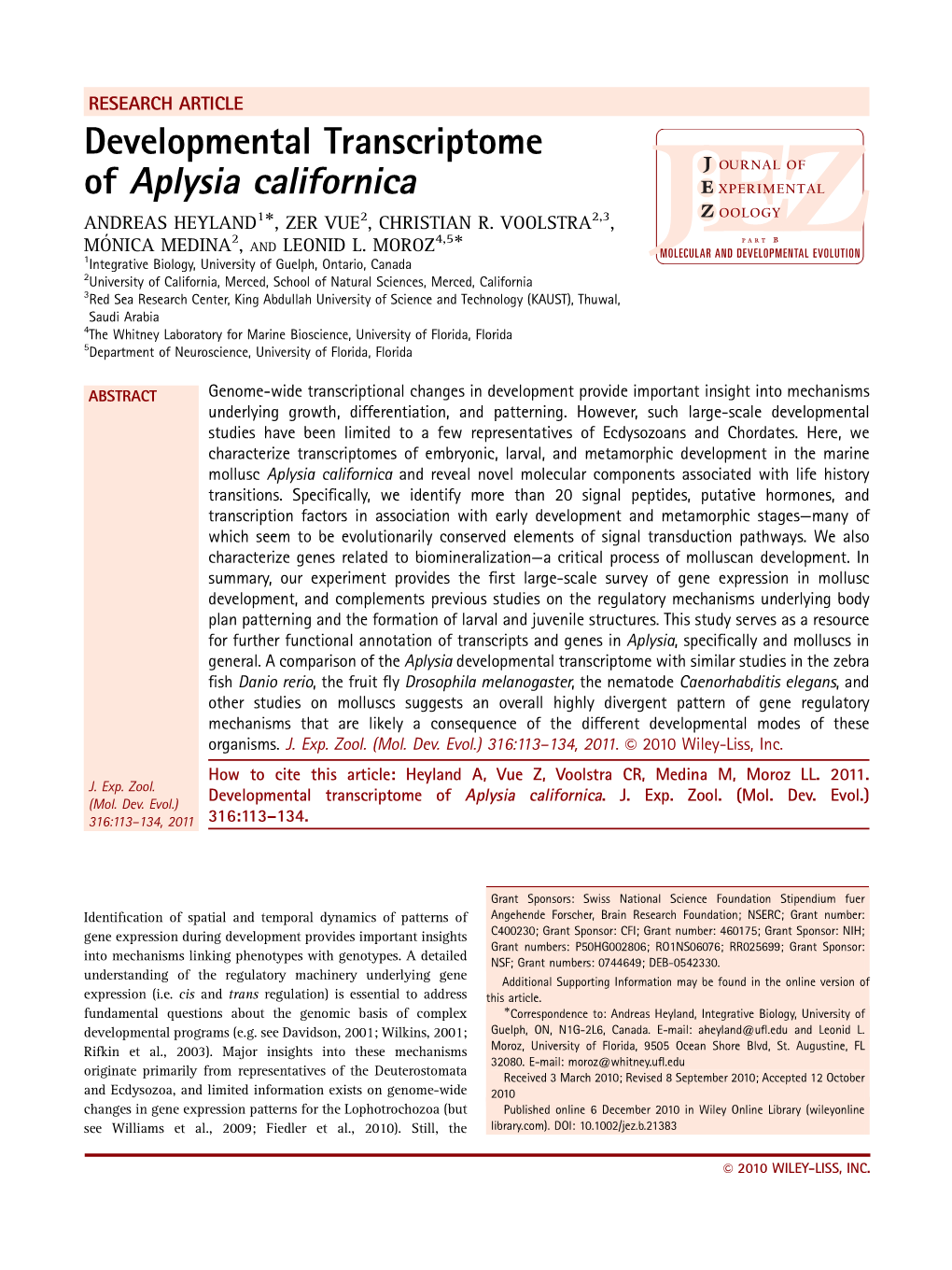 Developmental Transcriptome of Aplysia Californica'