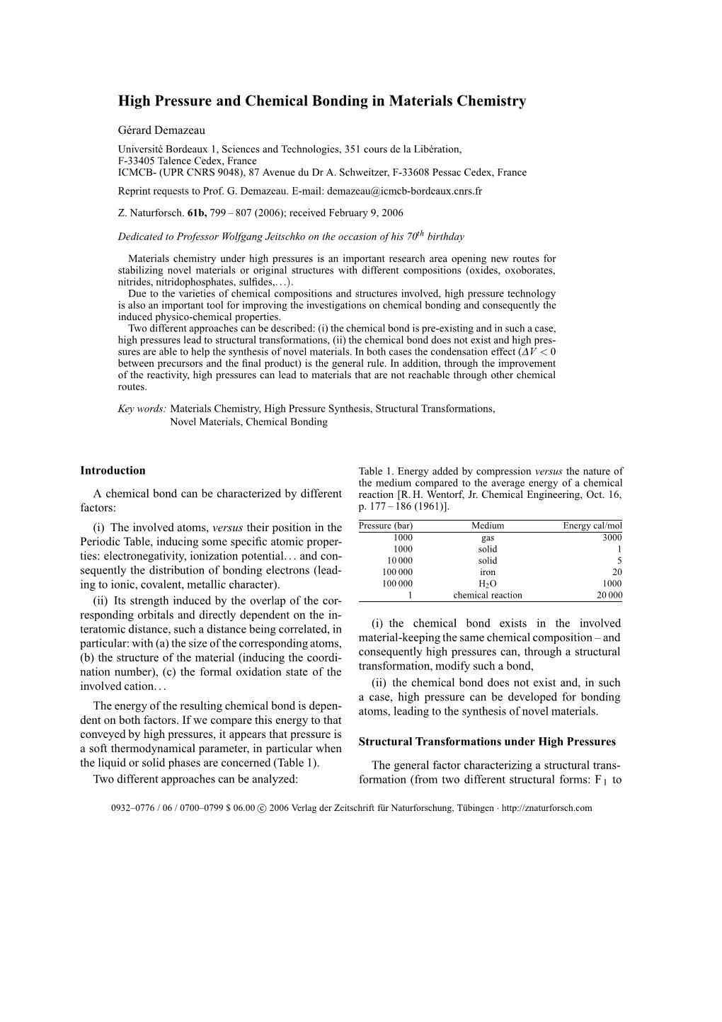 High Pressure and Chemical Bonding in Materials Chemistry