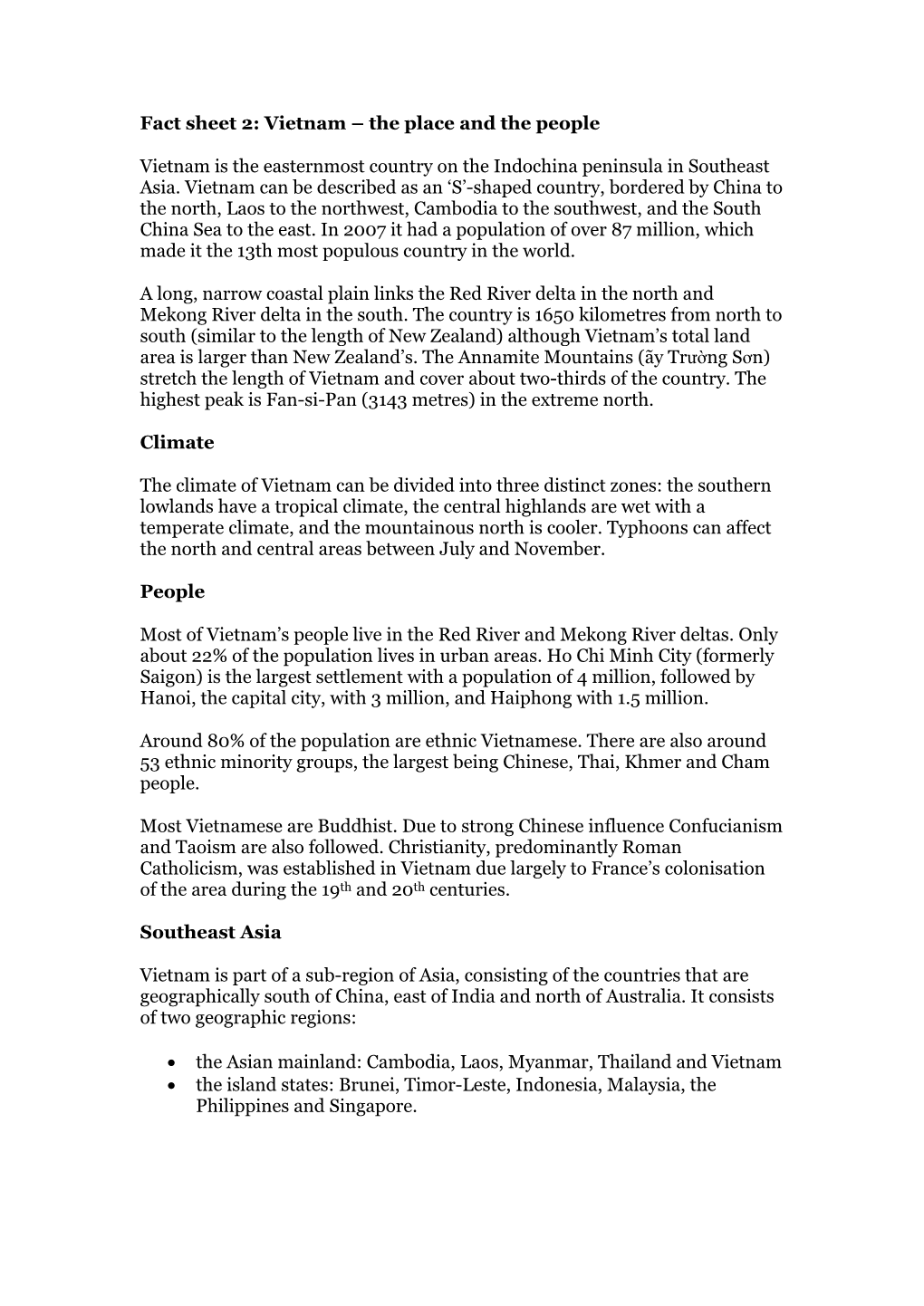 Fact Sheet 2: Vietnam – the Place and the People