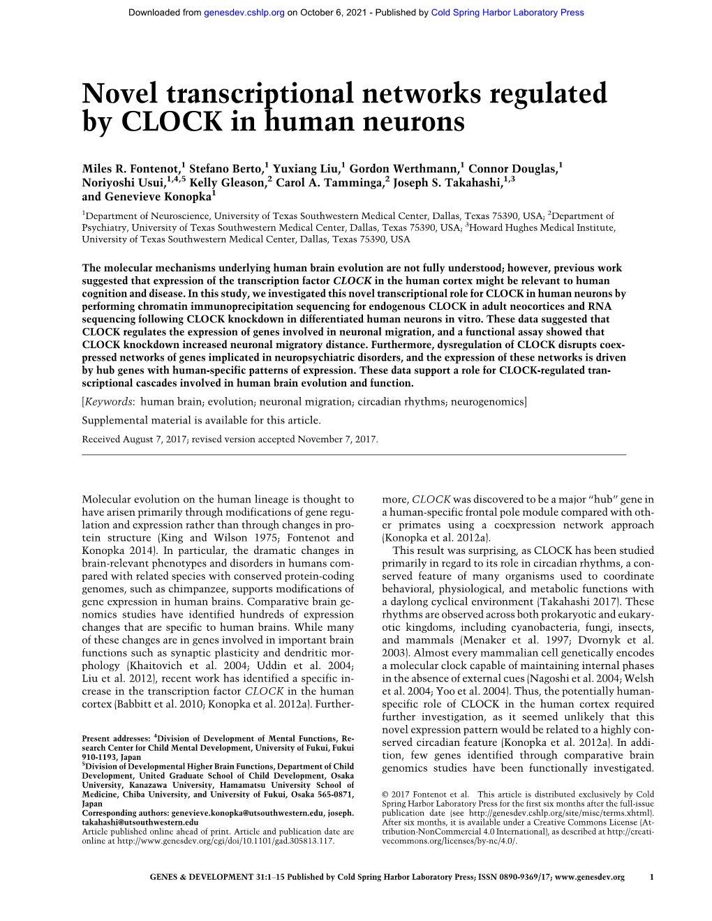 Novel Transcriptional Networks Regulated by CLOCK in Human Neurons