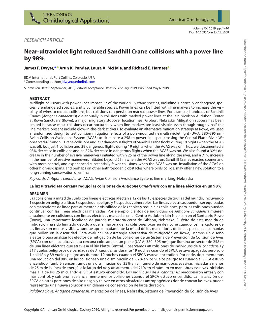 Near-Ultraviolet Light Reduced Sandhill Crane Collisions with a Power Line by 98% James F