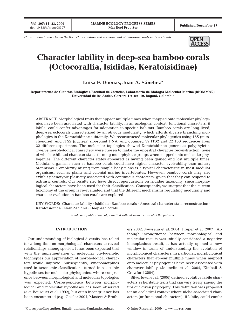 Character Lability in Deep-Sea Bamboo Corals (Octocorallia, Isididae, Keratoisidinae)