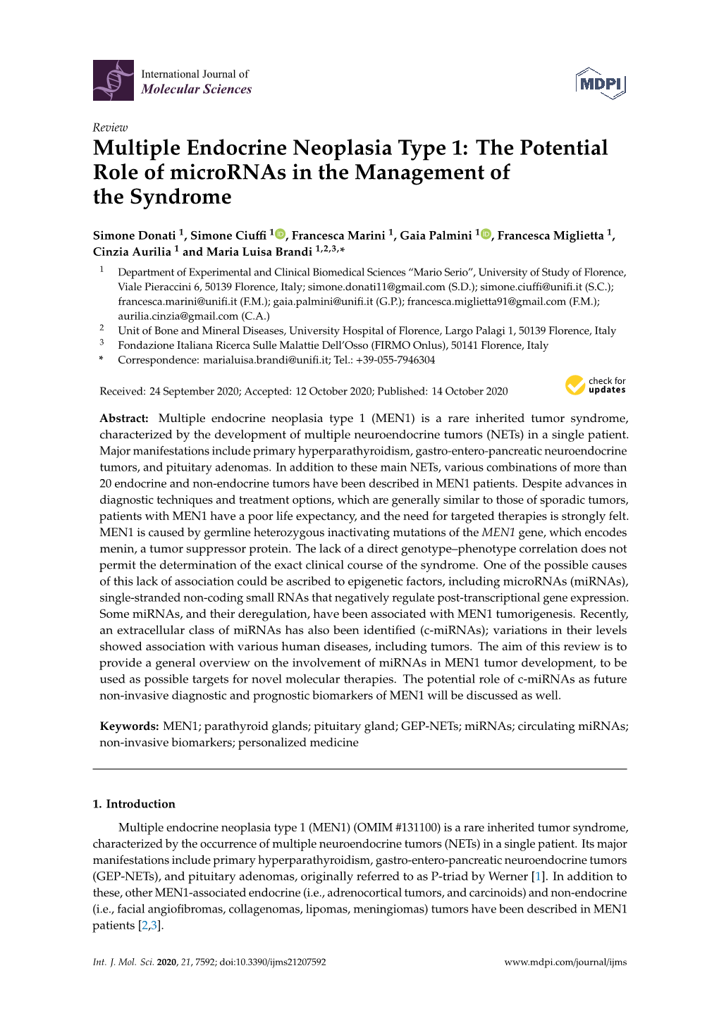 Multiple Endocrine Neoplasia Type 1: the Potential Role of Micrornas in the Management of the Syndrome