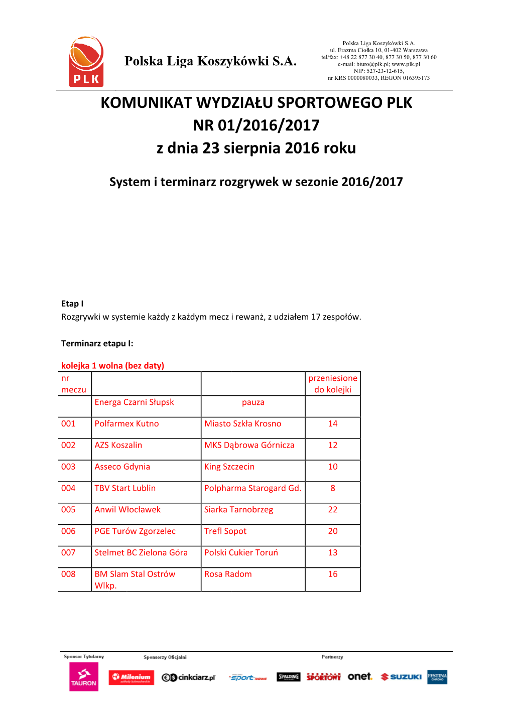 Komunikat 01 System I Terminarz 2016 2017