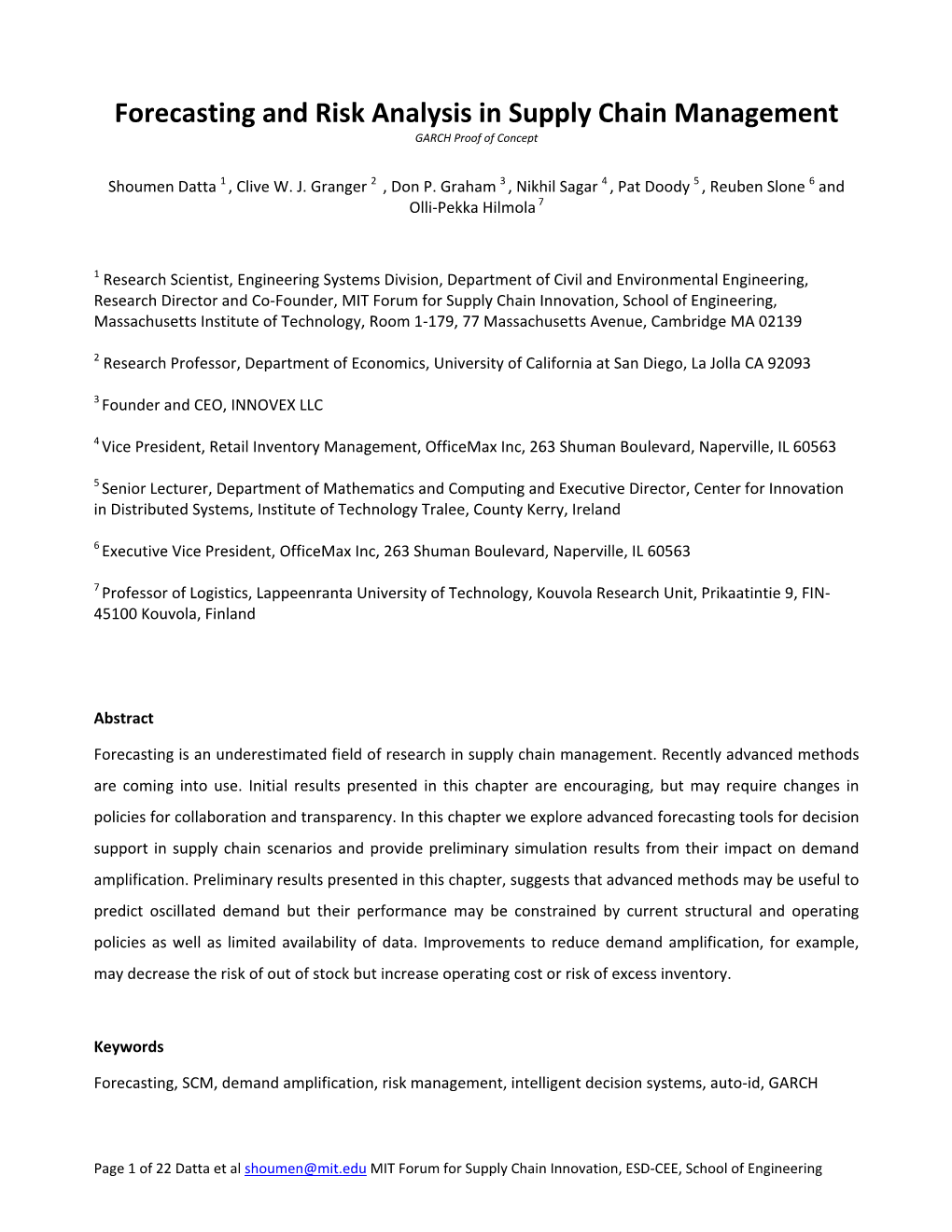 Forecasting and Risk Analysis in Supply Chain Management GARCH Proof of Concept