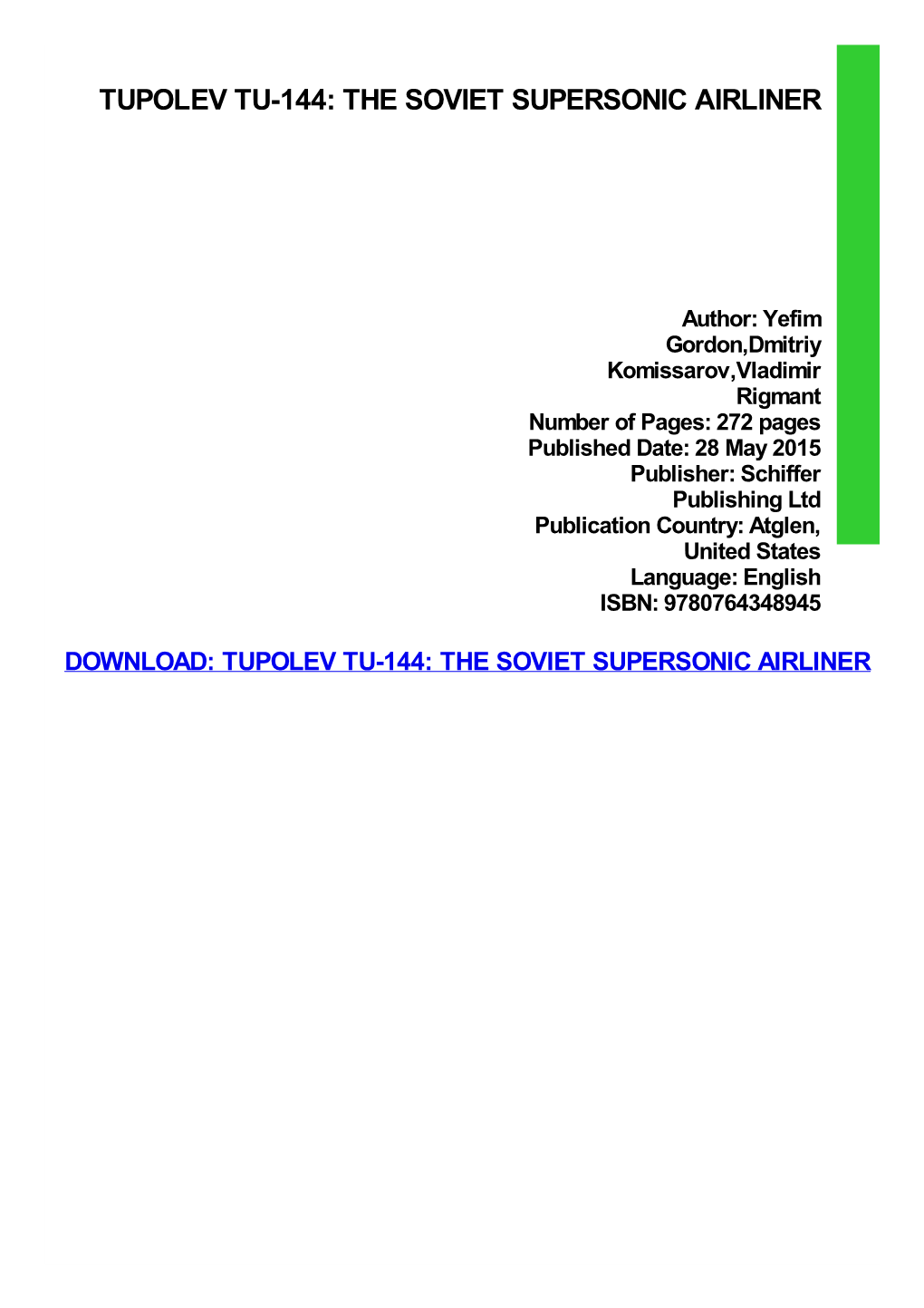 PDF Download Tupolev TU-144: the Soviet Supersonic Airliner Kindle