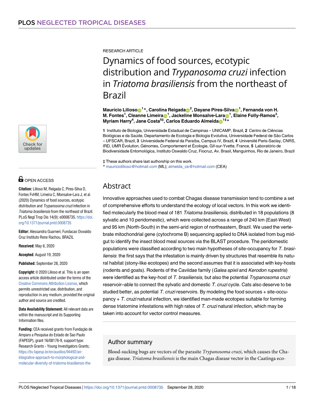 Dynamics of Food Sources, Ecotypic Distribution and Trypanosoma Cruzi Infection in Triatoma Brasiliensis from the Northeast of Brazil