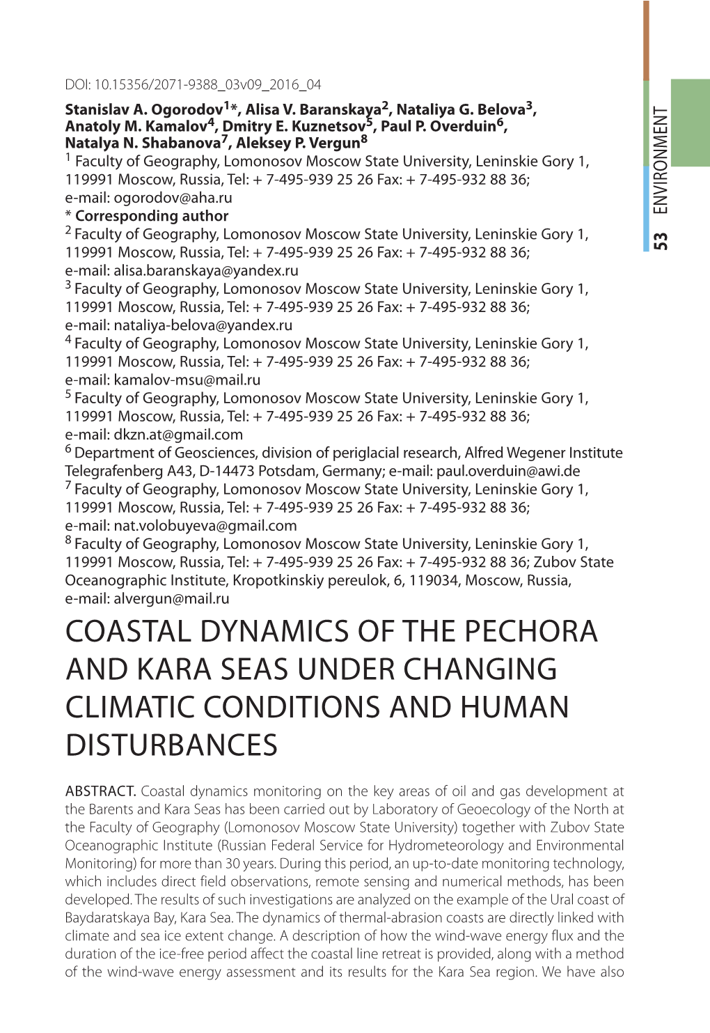 Coastal Dynamics of the Pechora and Kara Seas