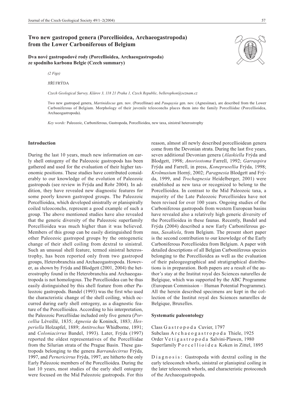 Two New Gastropod Genera (Porcellioidea, Archaeogastropoda) from the Lower Carboniferous of Belgium