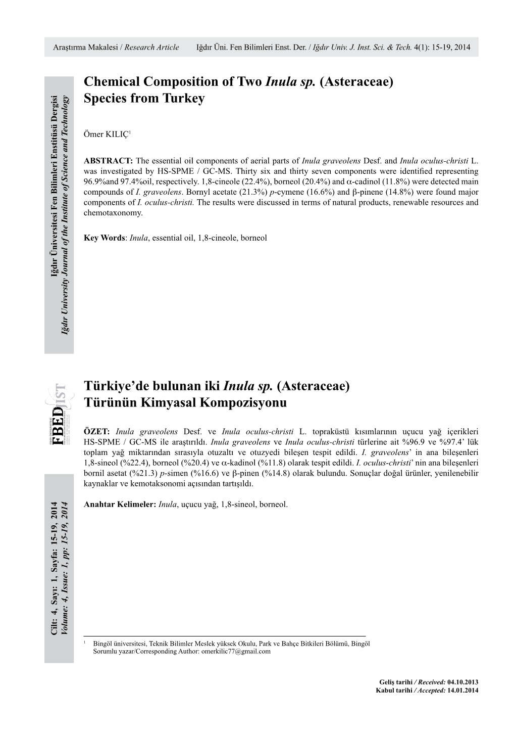 Chemical Composition of Two Inula Sp. (Asteraceae) Species from Turkey