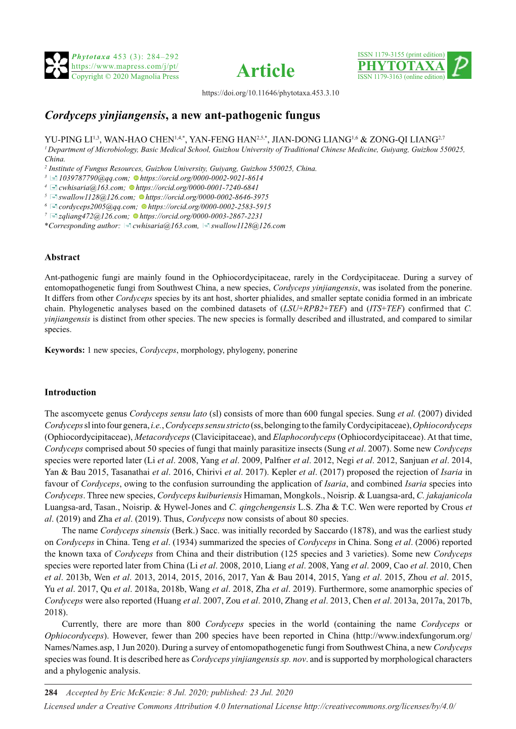 Cordyceps Yinjiangensis, a New Ant-Pathogenic Fungus