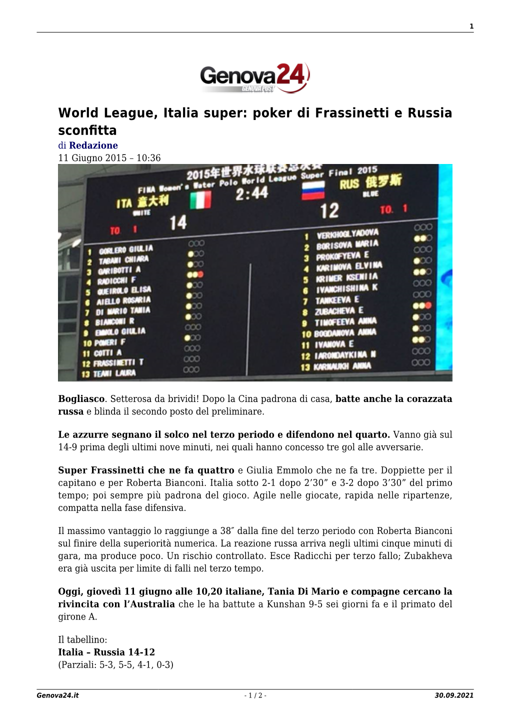 World League, Italia Super: Poker Di Frassinetti E Russia Sconfitta