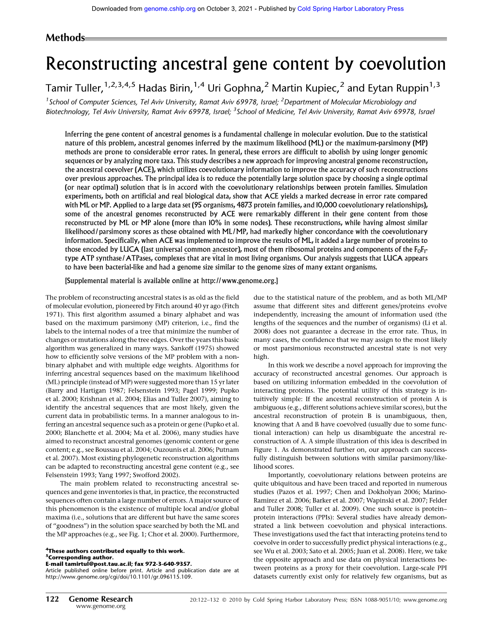 Reconstructing Ancestral Gene Content by Coevolution