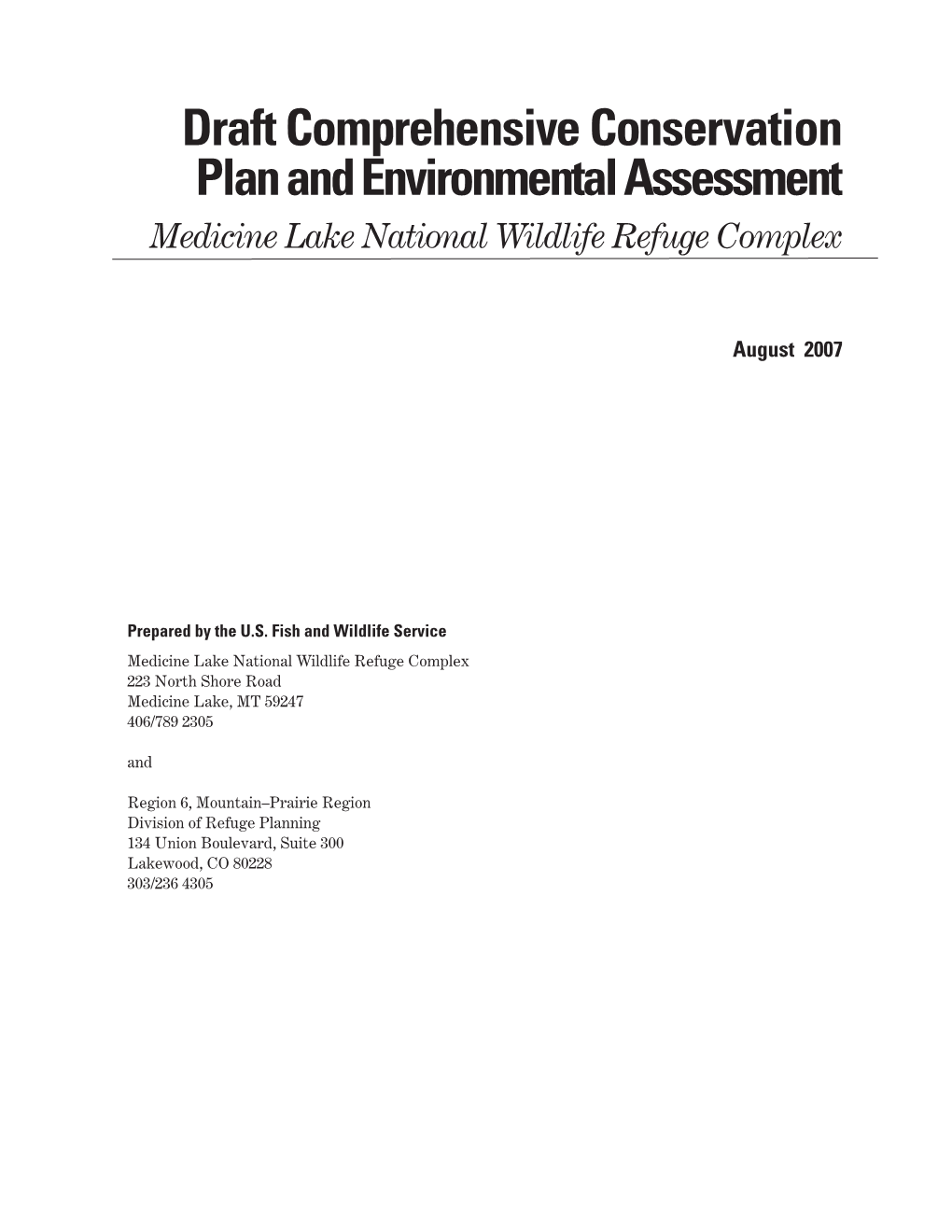 Draft Comprehensive Conservation Plan, Medicine Lake National