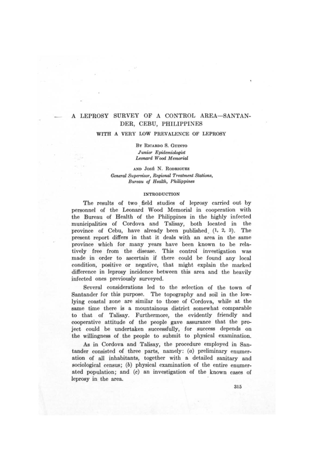 DER, CEBU, PHILIPPINES the Results of Two. Field Studies of Leprosy