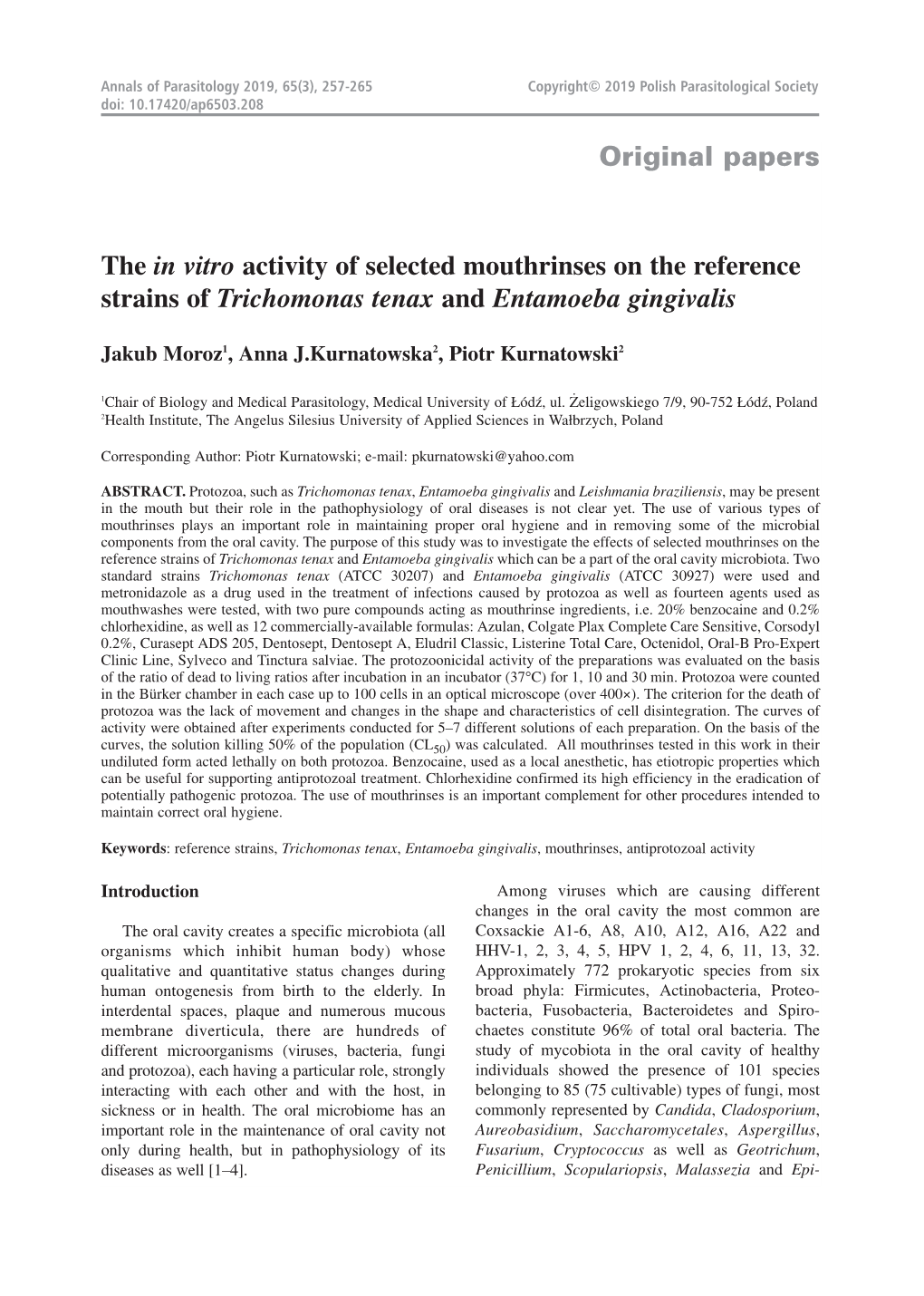 The in Vitro Activity of Selected Mouthrinses on the Reference Strains of Trichomonas Tenax and Entamoeba Gingivalis