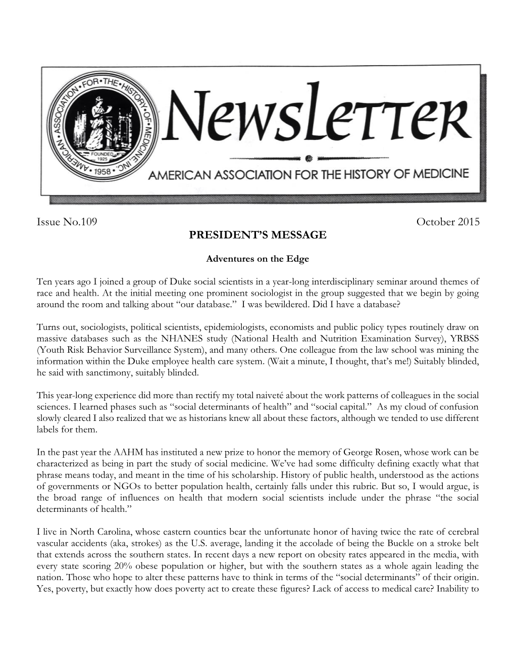 October 2015 PRESIDENT’S MESSAGE