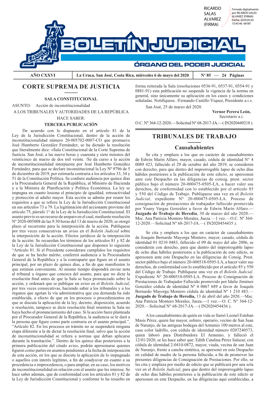 BOLETÍN JUDICIAL N° 85 De La Fecha 06 05 2020