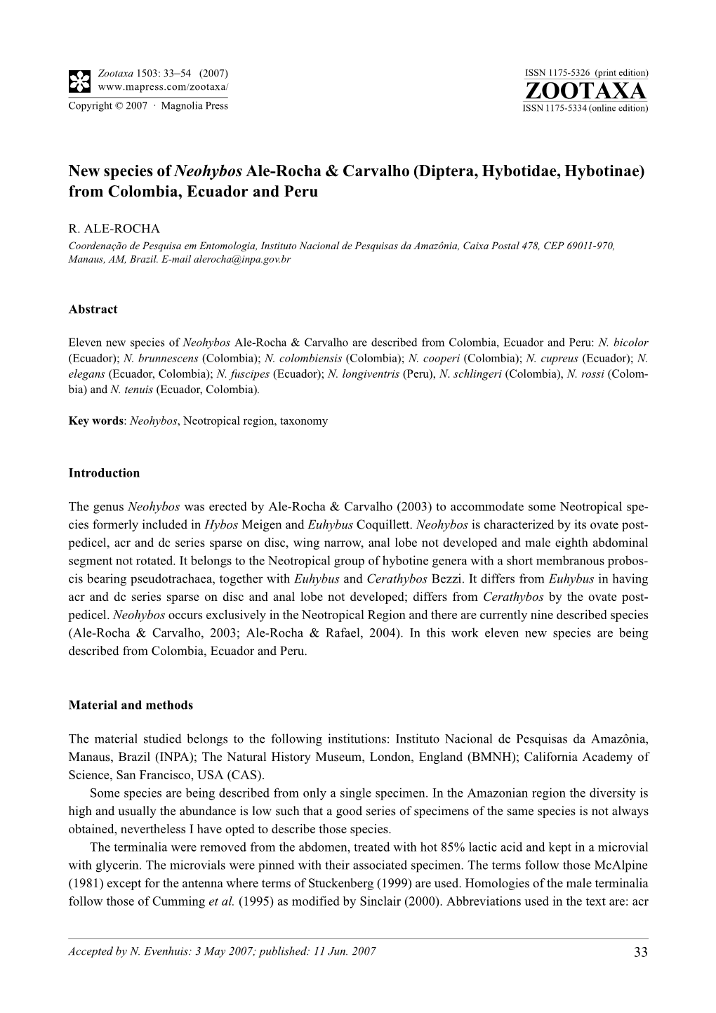 Zootaxa,New Species of Neohybos Ale-Rocha