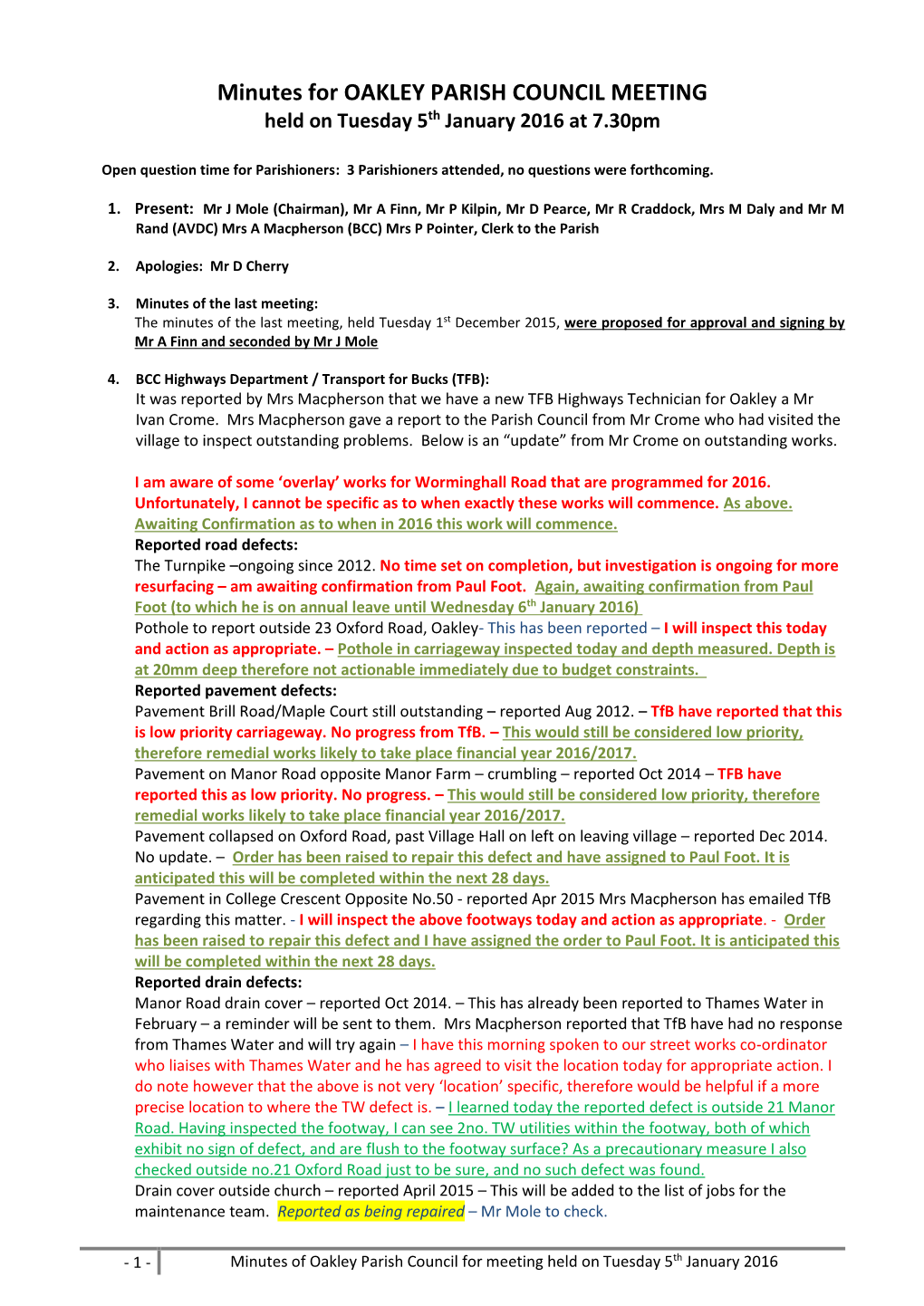 Minutes for OAKLEY PARISH COUNCIL MEETING Held on Tuesday 5Th January 2016 at 7.30Pm