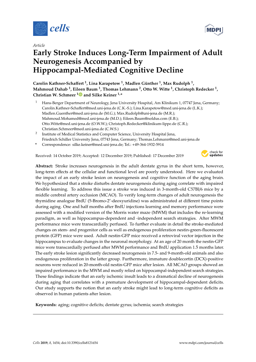 Early Stroke Induces Long-Term Impairment of Adult Neurogenesis Accompanied by Hippocampal-Mediated Cognitive Decline