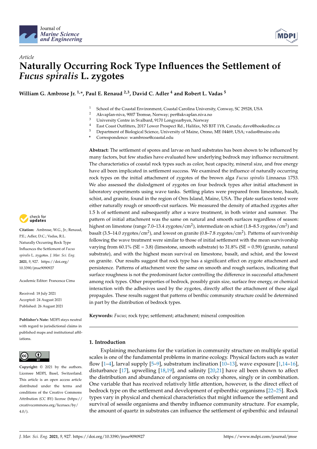 Naturally Occurring Rock Type Influences the Settlement of Fucus Spiralis L. Zygotes