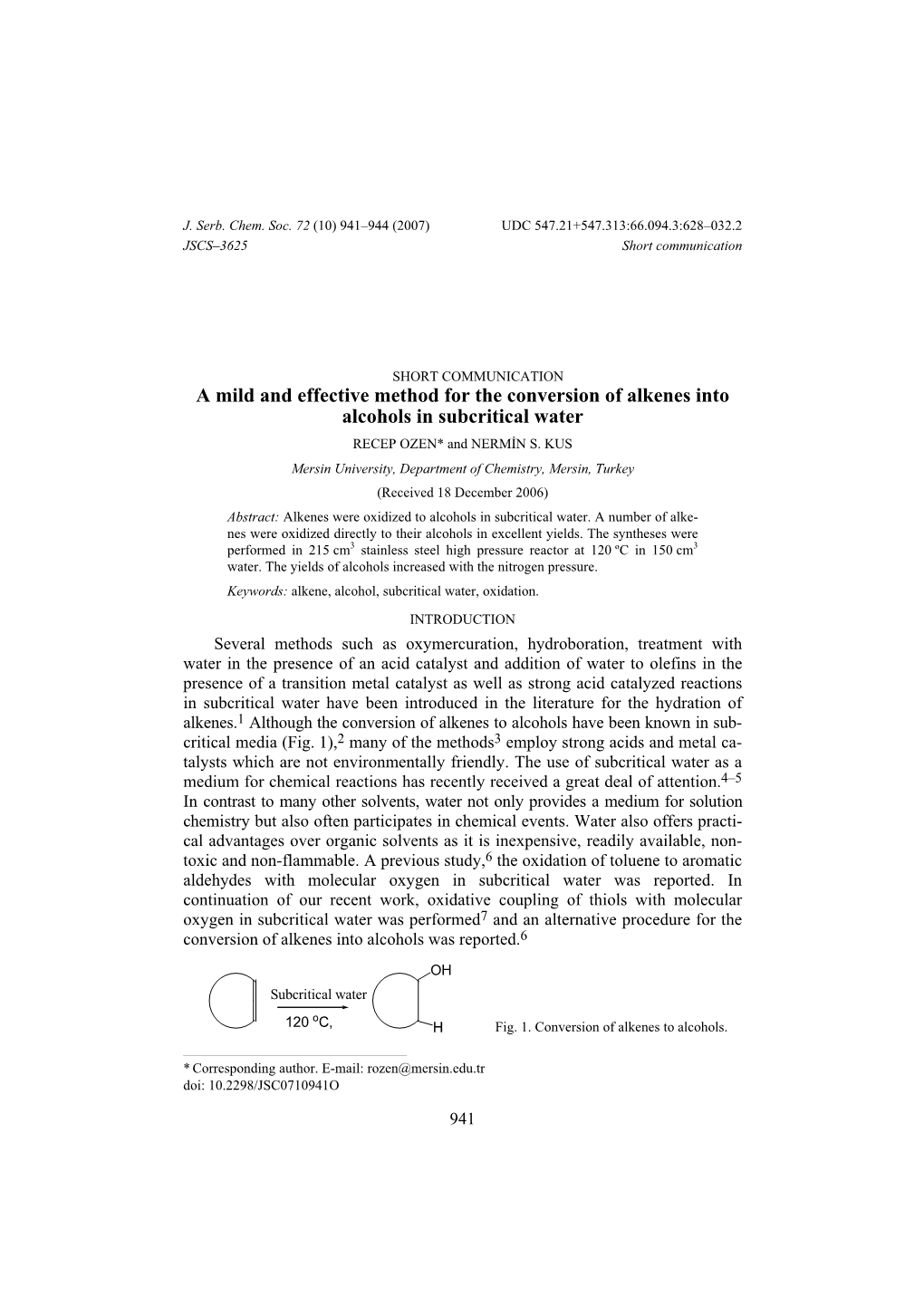 A Mild and Effective Method for the Conversion of Alkenes Into Alcohols in Subcritical Water