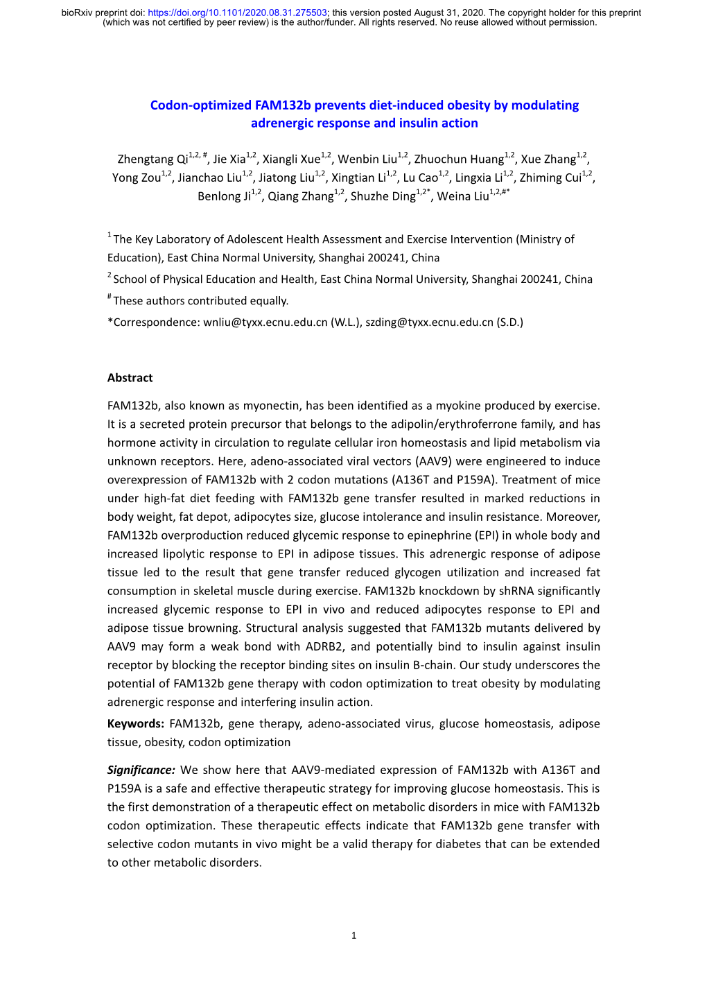 Codon-Optimized Fam132b Prevents Diet-Induced Obesity by Modulating Adrenergic Response and Insulin Action