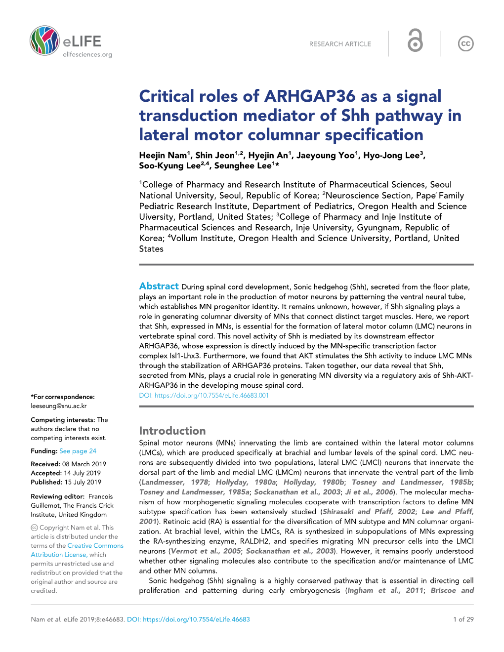 Critical Roles of ARHGAP36 As a Signal Transduction Mediator of Shh