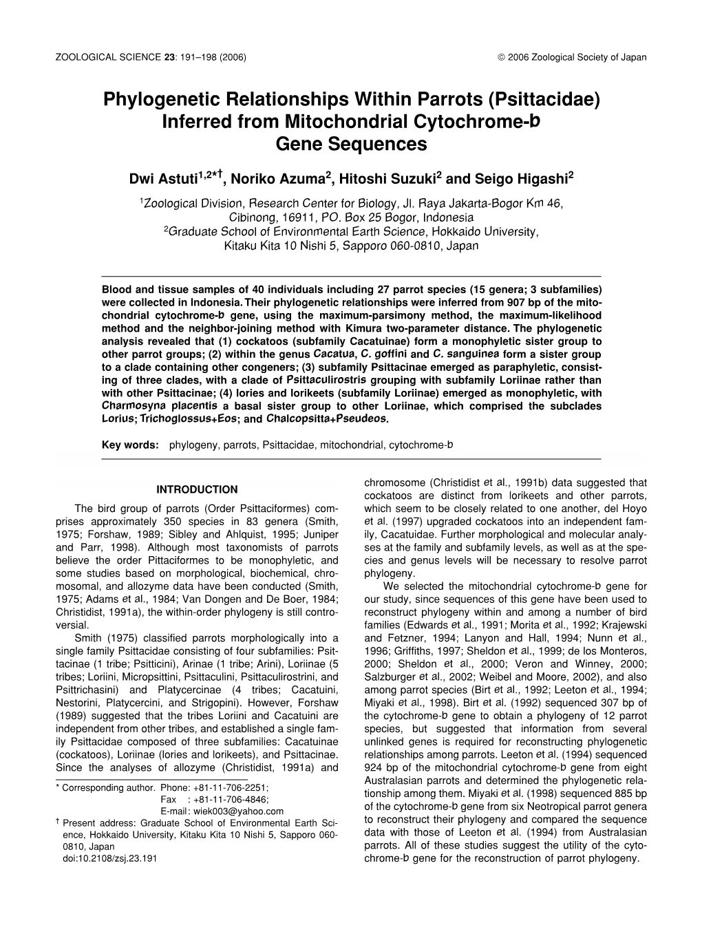 Phylogenetic Relationships Within Parrots (Psittacidae) Inferred from Mitochondrial Cytochrome-B Gene Sequences