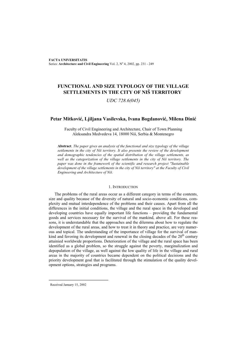 Functional and Size Typology of the Village Settlements in the City of Niš Territory