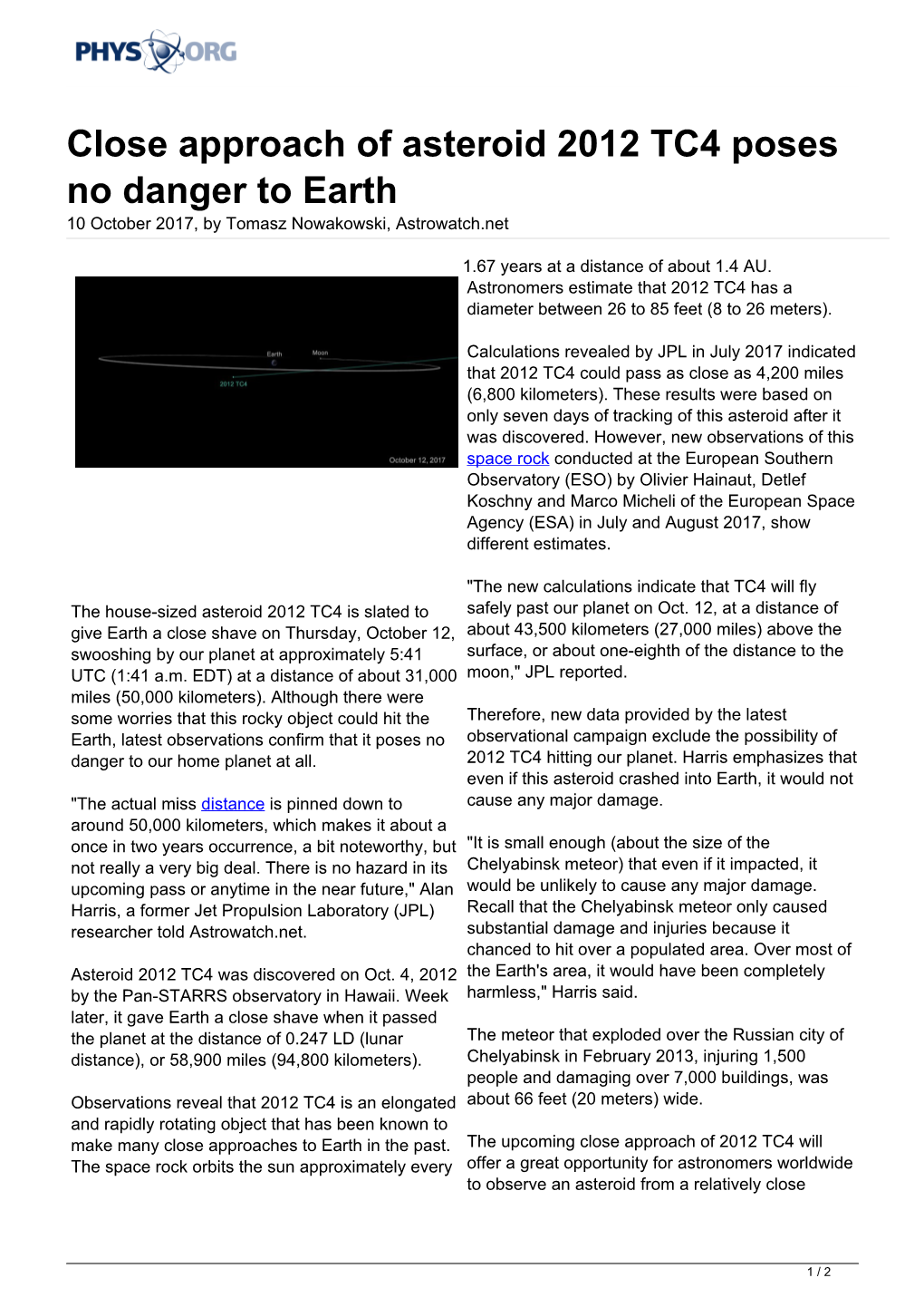 Close Approach of Asteroid 2012 TC4 Poses No Danger to Earth 10 October 2017, by Tomasz Nowakowski, Astrowatch.Net