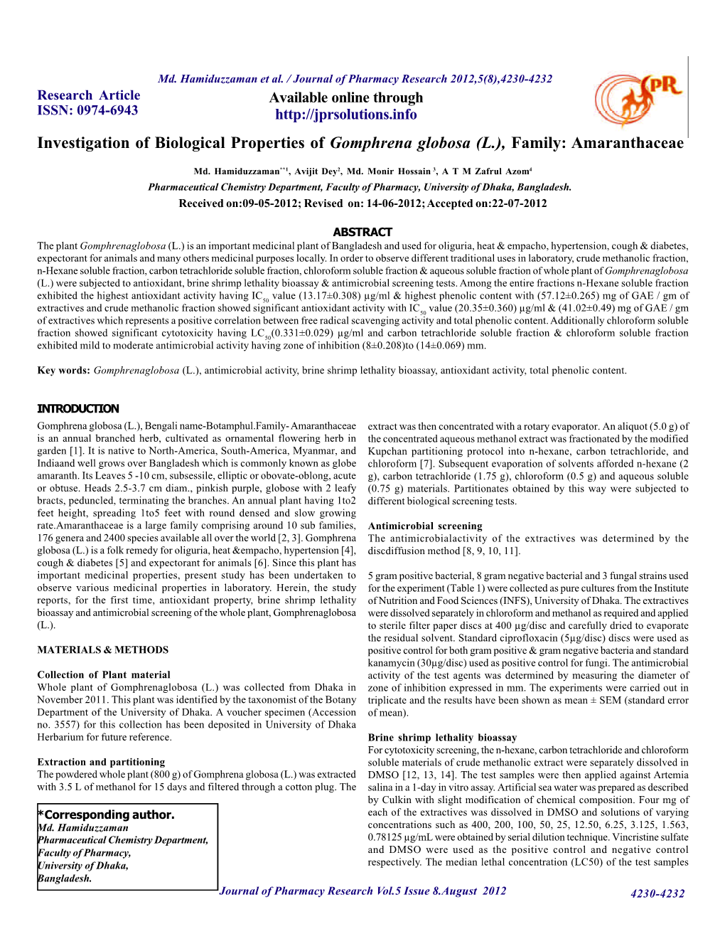 Investigation of Biological Properties of Gomphrena Globosa (L.), Family: Amaranthaceae