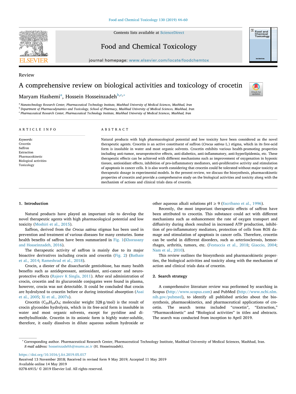 A Comprehensive Review on Biological Activities and Toxicology of Crocetin