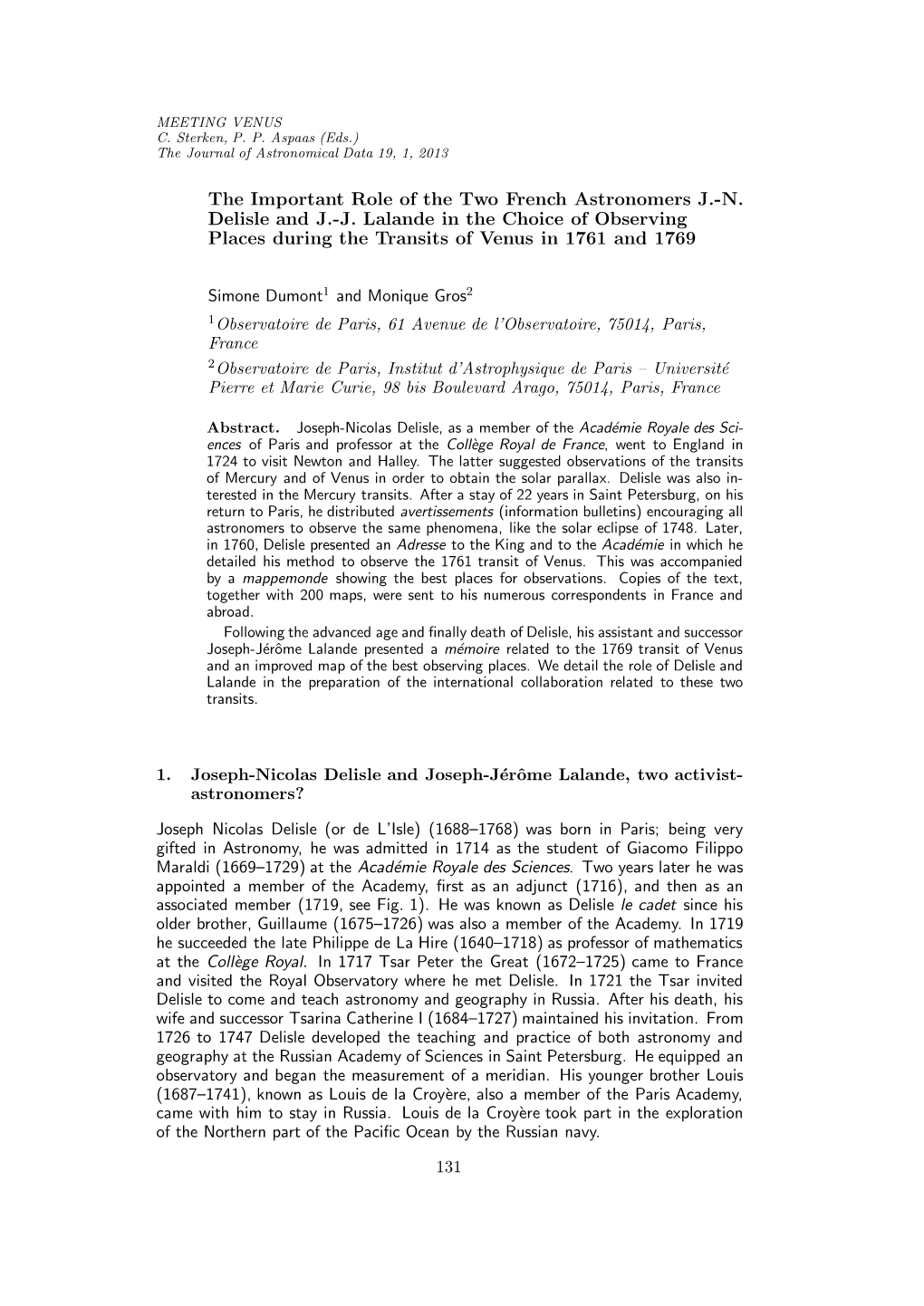 The Important Role of the Two French Astronomers J.-N. Delisle and J.-J. Lalande in the Choice of Observing Places During the Transits of Venus in 1761 and 1769