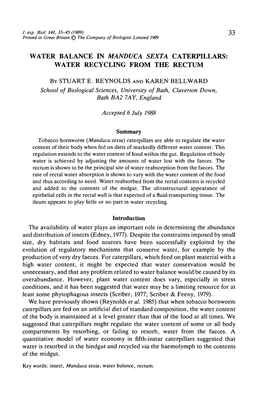 Water Balance in Manduca Sexta Caterpillars: Water Recycling from the Rectum